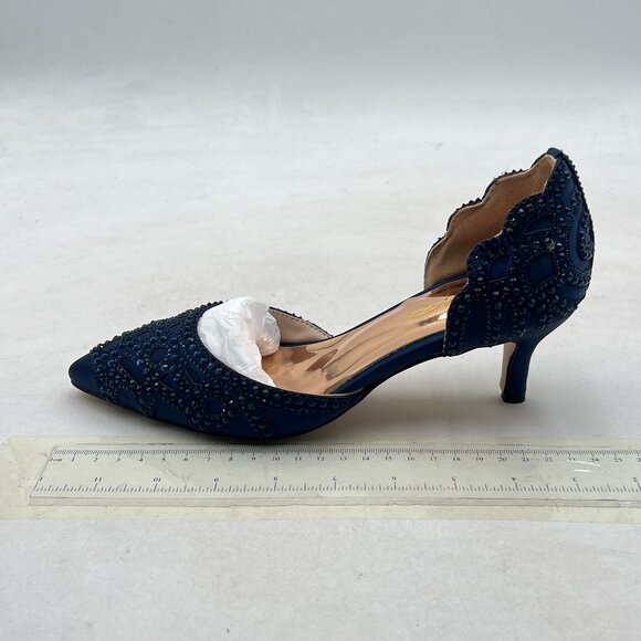 XYD Navy Elegant Pointed Toe D'Orsay Kitten Heel Rhinestone Studs Slip-On Pump - Picture 2 of 8